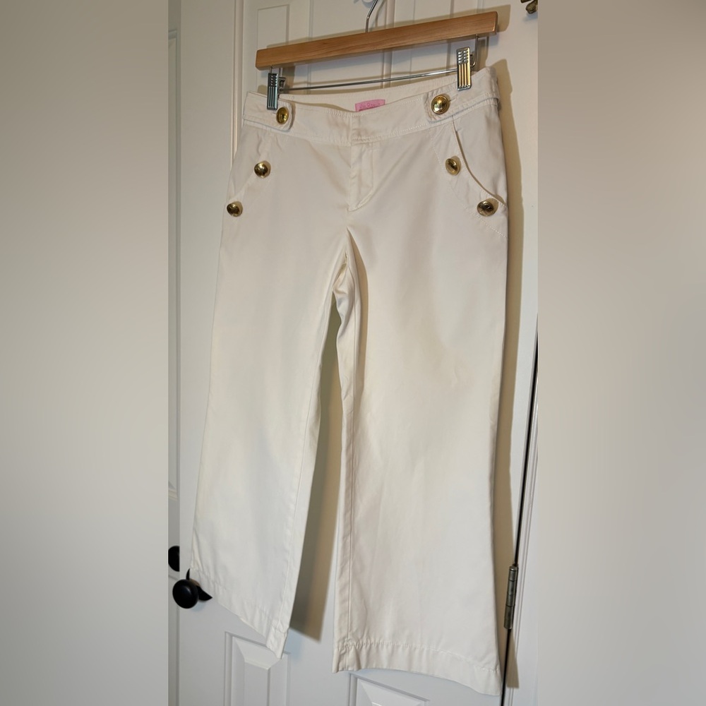 Lilly Pulitzer White Wide Cropped Sailor Pants with Gold Buttons